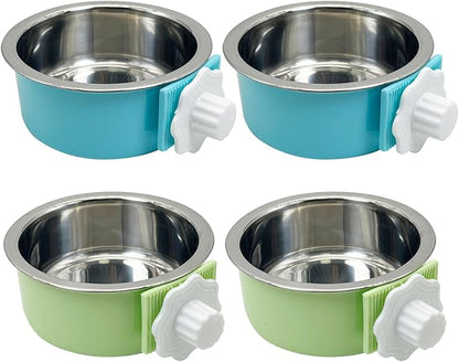 Tfwadmx 4 Pcs Crate Dog Bowl Cat Removable Stainless Steel Food and Water Feeder Hanging Cage Bowls Coop Cup with Cleaning Set for Pet Puppy Bird Rat Guinea Pig Ferret Bunny Rabbit (Light Blue&Green)