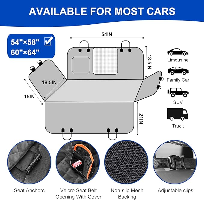 Dog Car Seat Cover for Back Seat 600D Scratchproof Nonslip Durable Waterproof Cars Pet Backseat Covers with Mesh Window Dogs Hammock for Car，SUV (54" W 58" L)
