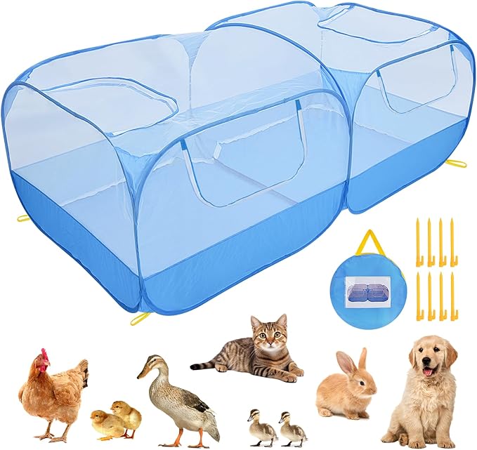 Jhua Pet Playpen for Small Animals, Portable Chicken Run with Detachable Bottom and Cover, Foldable Chicken Coop Indoor Outdoor Pet Pen with Transparent Mesh Walls for Chicken Duck Puppy Cat Rabbit