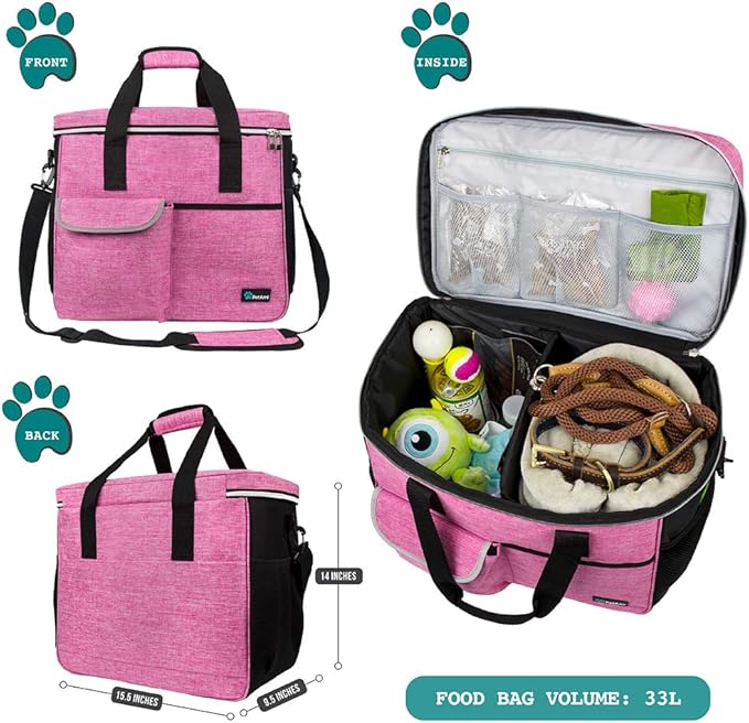 PetAmi Dog Travel Bag, Travel Pet Bag Organizer, Dog Food Travel Bag with Food Container and Bowls, Dog Travel Supplies Gift Accessories for Weekend Camping, Dog Cat Diaper Bag (Pink, Large)