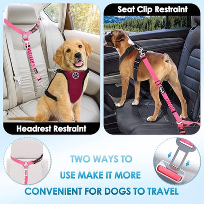 Lukovee Dog Car Seat Belt, 2 Pack Headrest Restraint Seatbelt, Adjustable Pet Safety Leads with Reflective Elastic Bungee for Dog Harness Collar Travel Daily Use (Fl,Headrest + Clip + 1 Bowl)