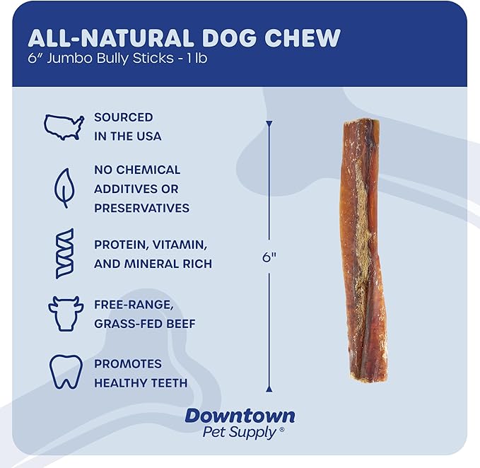 Downtown Pet Supply USA Sourced 6", 1 Lb. Jumbo Bully Sticks for Large Dogs - Rawhide Free Dog Chews Long Lasting and Non-Splintering - Single Ingredient, Low Odor Bully Sticks for Medium Dogs