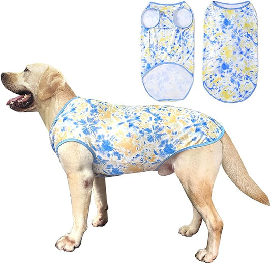 Dog Tie dye Sleeveless T Shirt Yellow Blue Printed Dogs Vest Shirt Pajamas Breathable Stretchy Summer Clothes for Extra large Dog Boys Girls（3X-Large,Yellow）