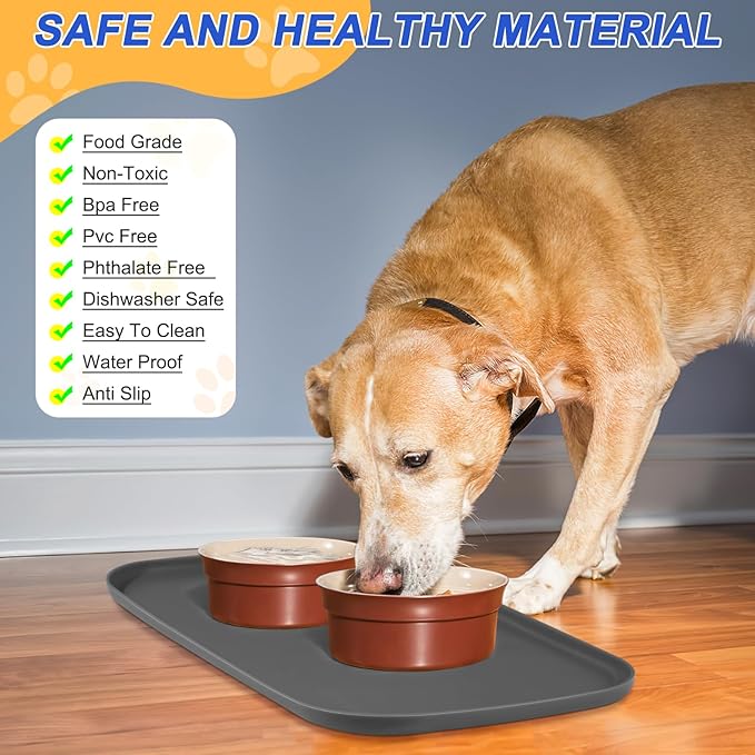 Silicone Pet Feeding Mat with Raised Edge, Dog Cat Bowl Mats for Food and Water, Pet Placemat for Floors Waterproof, 24” x 16” x 0.8” Grey