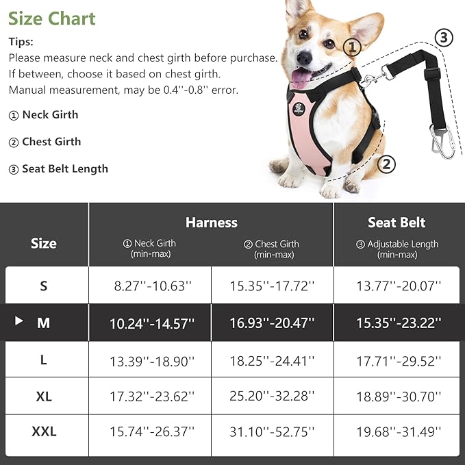 Dog Vehicle Safety Vest Harness, Adjustable Soft Padded Mesh Car Seat Belt Leash Harness with Travel Strap and Carabiner for Most Cars, Medium Size, Pink