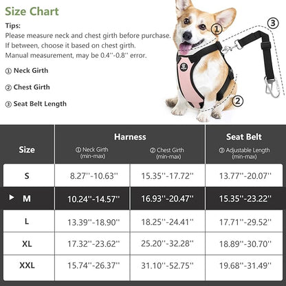 Dog Vehicle Safety Vest Harness, Adjustable Soft Padded Mesh Car Seat Belt Leash Harness with Travel Strap and Carabiner for Most Cars, Medium Size, Pink