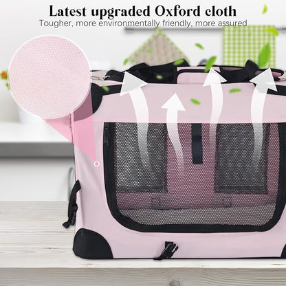 PET Foldable Dog Crate Folding Soft Dog Crate with Carrying Bag Dog Home & Dog Travel Crate Indoor & Outdoor Pet Home (Pink L-30 L 20" W 19" H)