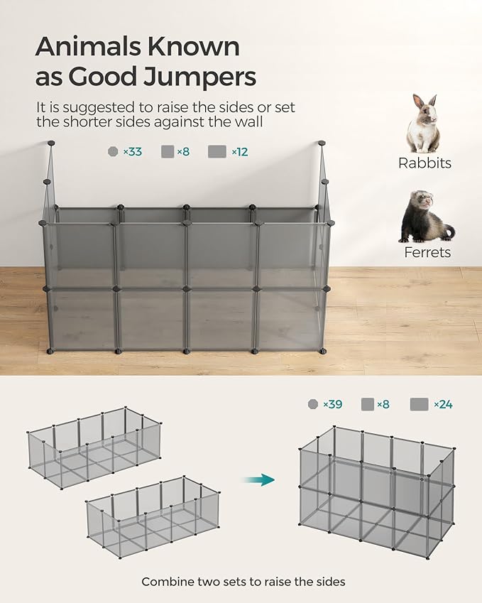 SONGMICS 20 Panels Pet Playpen with Floor, Small Animal Playpen, Pet Fence Indoor, DIY Plastic Enclosure for Guinea Pigs, Bunny, Hamsters, Hedgehogs, 56.3 x 28.7 x 18.1 Inches, Gray ULPC002G01