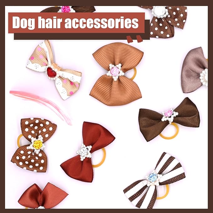 12 Pcs Small Dog Hair Bows with Rubber Bands Bowknot Dog Hair Accessories for Puppy Kitten (Brown)