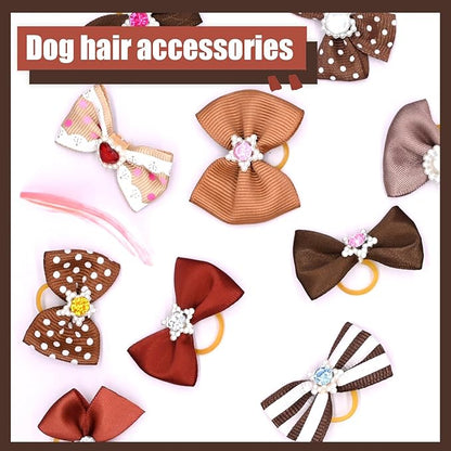 12 Pcs Small Dog Hair Bows with Rubber Bands Bowknot Dog Hair Accessories for Puppy Kitten (Brown)