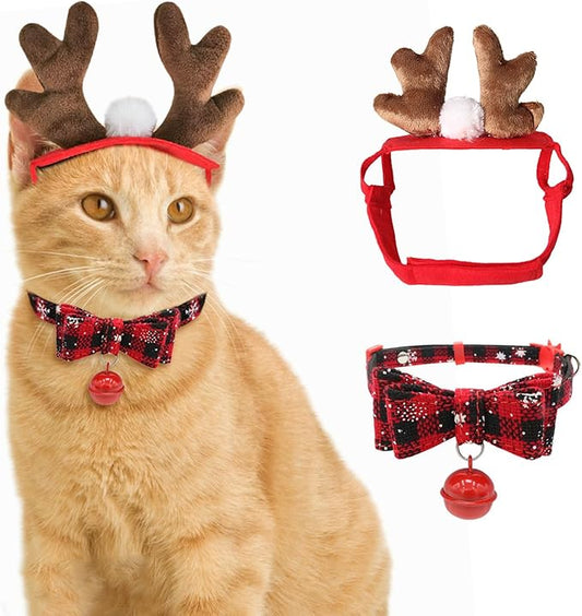 NAMSAN Cat Reindeer Costume Christmas Deer Antler Collar for Small Dogs Cats Xmas Cat Collar Reindeer Set