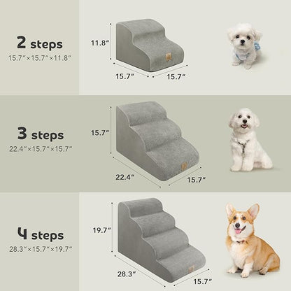 3-Tiers High Density Foam Dog Stairs for High Bed Sofa,Soft Foam Ramp Steps Stairs with Machine Washable Fabric Cover,Slope Stairs Friendly to Pets Joints-1 Lint Roller with 2 Refills,Light Gray