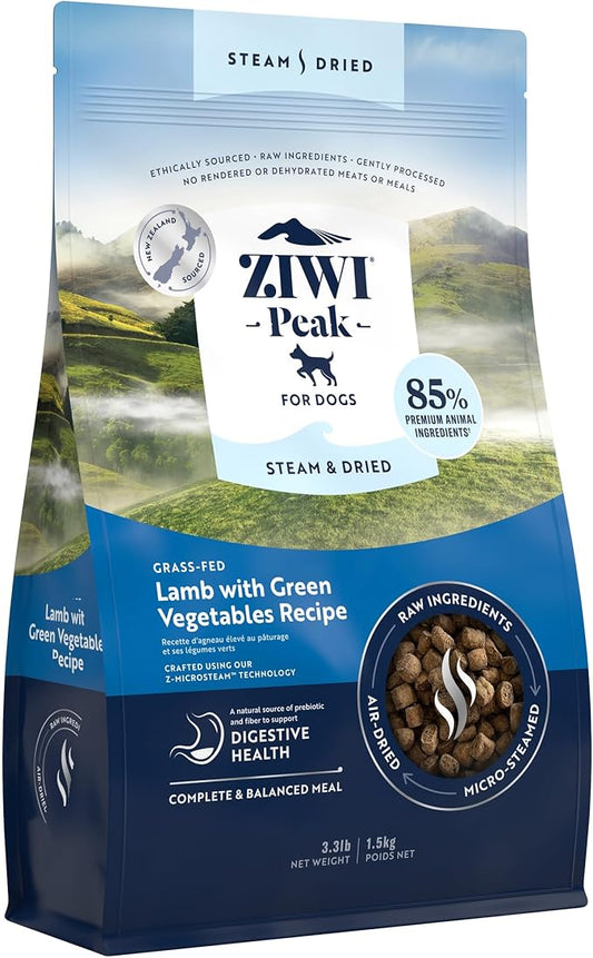 ZIWI Peak Steam & Dried Dog Food – Grass-fed Lamb with Green Vegetables Recipe - High Protein, Digestive Health, Low Carb, for All Breeds and Lifestages (3.3lb)