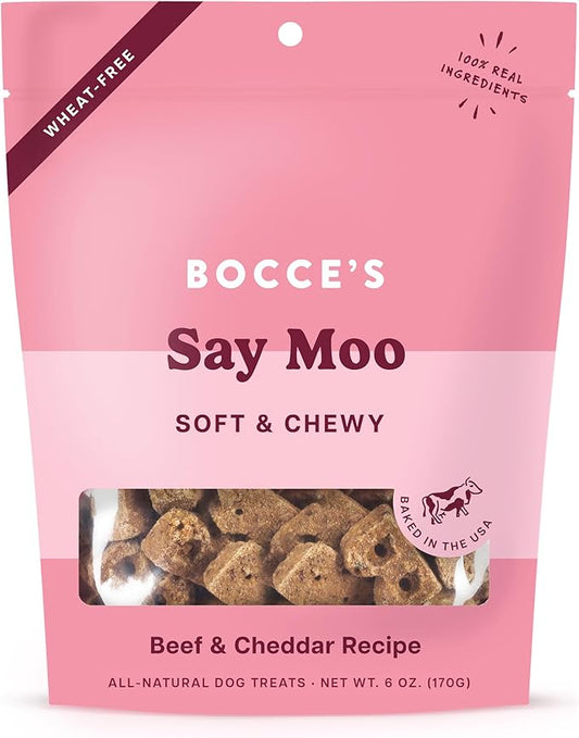 Bocce's Bakery Oven Baked Say Moo Treats for Dogs, Wheat-Free Everyday Dog Treats, Made with Real Ingredients, Baked in The USA, All-Natural Soft & Chewy Cookies, Beef & Cheddar Recipe, 6 oz