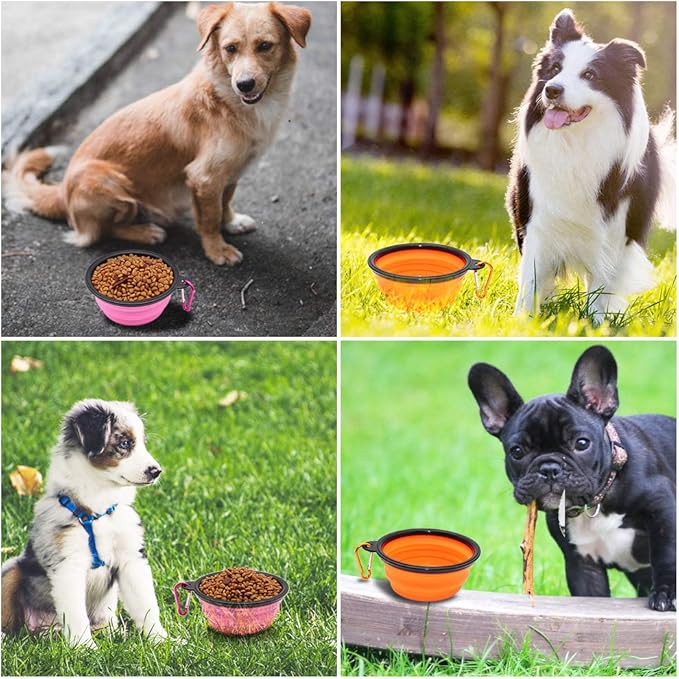 SLSON Collapsible Dog Bowls, 2 Pack, Portable Pet Feeding Watering Dish for Traveling with Carabiners (Small, Orange+Pink)