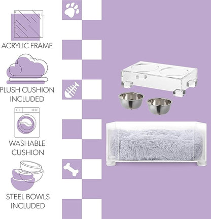 DBD2001A-2SET Billie 24" x 15.75" Small Modern Calming Fluffy Pet Bed with Washable Cushion and 4" Elevated Pet Feeder with 27 oz 2-Stainless Steel Bowls 2)