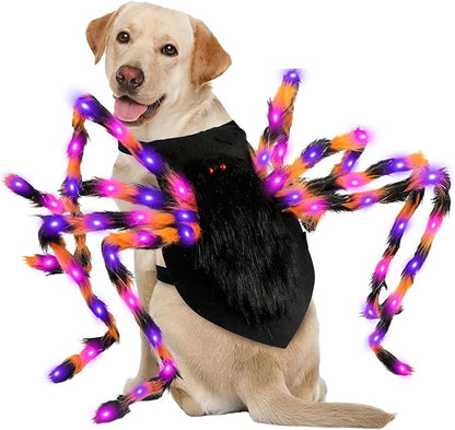 Dog Halloween Costumes, Furry Dog Spider Costume with 64 LED, Giant Spider Halloween Costume for Medium Large Dogs, Funny Dog Halloween Costumes for Cat Pet Halloween Party Cosplay (Orange)