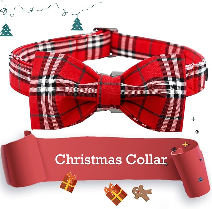 Lionheart glory Christmas Plaid Dog Collar, Red Dog Bow Collar Adjustable Soft and Comfortable Bowtie Collars for Medium Dogs Girl or Boy Pet Gift Fall Collar Dog Bow