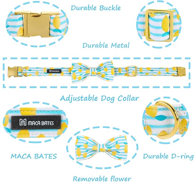 Maca Bates Summer Lemon Dog Collar with Bow Bowtie for Dogs Adjustable Breakaway Bows Tie Collars Accessories Birthday Gift for XS Small Medium Large XL for Girl Boy Puppy Cat Pets