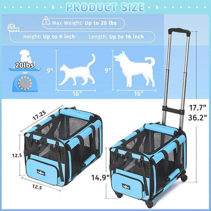 Airline Approved Pet Carrier with Wheels, Foldable Rolling Cat Dog Carrier with Wheels Telescopic Handle for Outdoor Vet Visits, Cat Carrier Travel Bag for Cat Dog Under 20 lbs, Blue