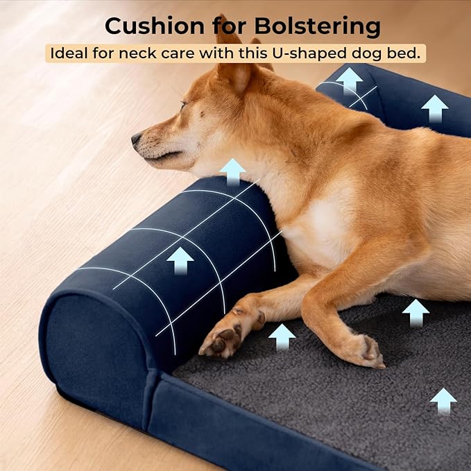 XXL Dog Bed - Luxury Faux Fleece Dog Sofa Bed for Giant Dogs, Bolster Support, Egg-Crate Foam Pet Couch Bed with Removable Washable Cover, Nonskid, Blue