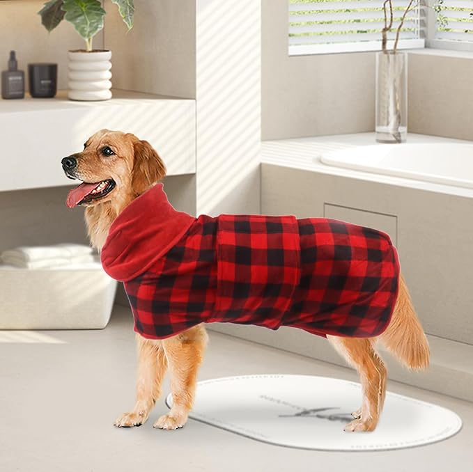 Geyecete Dog Drying Coat -Dry Fast Dog Bag - Dog Bathrobe Towel - Microfibre Fast Drying Super Absorbent Pet Dog Cat Bath Robe Towel,Luxuriously Soft-Red Black Grid-L