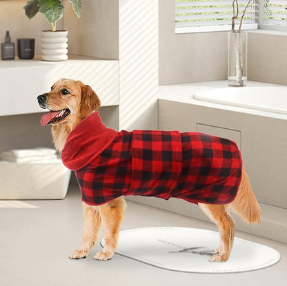 Geyecete Dog Drying Coat -Dry Fast Dog Bag - Dog Bathrobe Towel - Microfibre Fast Drying Super Absorbent Pet Dog Cat Bath Robe Towel,Luxuriously Soft-Red Black Grid-XXL