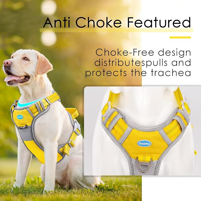 ThinkPet No Pull Harness Breathable Sport Harness with Handle-Dog Harnesses Reflective Adjustable for Medium Large Dogs,Back/Front Clip for Easy Control S Yellow