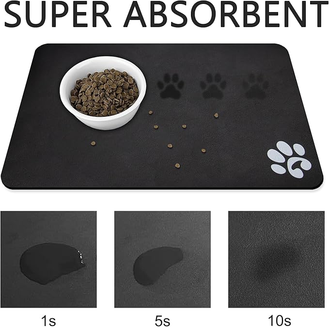 YCT Pet Cat Food Mats for Dog Food Mat, Cat Mat for Food, Pet Dog Cat Feeding Mat Eating Mat Pet Dog Cat Bowl Mats, Non-Slip Super Absorbent, with Footprints Logo，24 x 16.9 inches, Dark Grey