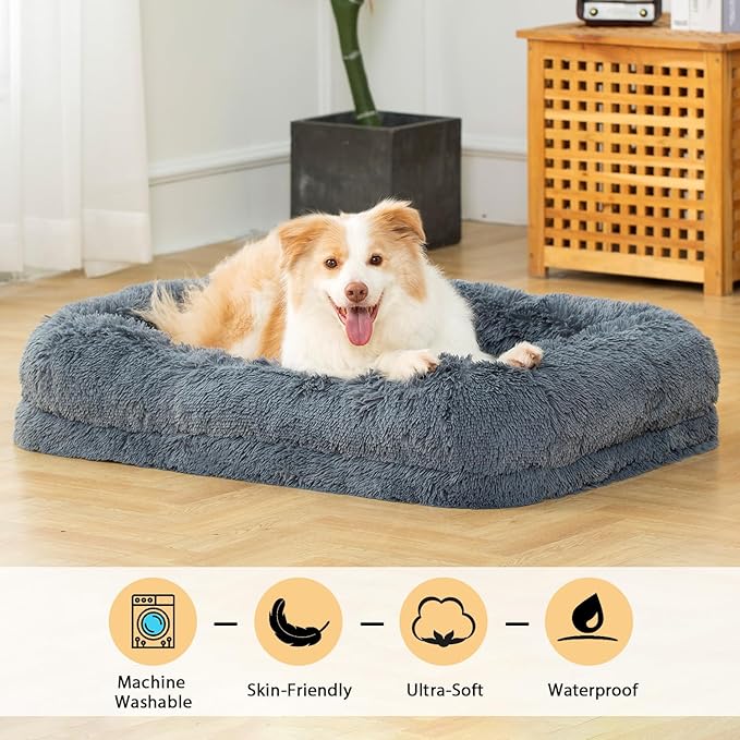 2 in 1 Calming Dog Beds for Large Dogs, Dual Layer Orthopedic Egg Crate Foam & Memory Foam Faux Fur Shag Pet Mattress Warming Rectangle Cuddle Bed Comfy Anti Anxiety, Washable Cover Anti-Slip