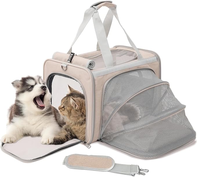 HSC PET Small Dog Bag Cat Carrier,Khaki,Soft Puppy Bunny Sturdy Transport Totes,1Side Expandable Style Soft-Sided Travel Handbag for Large Cats,Airline Approved, MAX 18lb((Khaki,1Side Expandable)