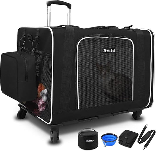 Petskd Large Pet Carrier with Wheels 24"x17"x17" for Large Cats, Pet Carrier for 2 Cats or Medium Dog, Cat Carrier for Car Travel with Litter Box and Bowl, Cat Soft Carrier with Locking Safety Zipper