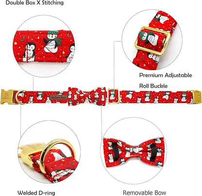 Lionheart glory Christmas Dog Collar, Red Dog Bow Collar Penguin Adjustable Soft and Comfortable Bowtie Collars for Small Dogs Girl or Boy Pet Gift Fall Collar Dog Bow