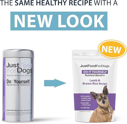 JustFoodForDogs DIY Nutrient Blend for Homemade Dog Food, Lamb & Brown Rice Recipe, 4.55oz