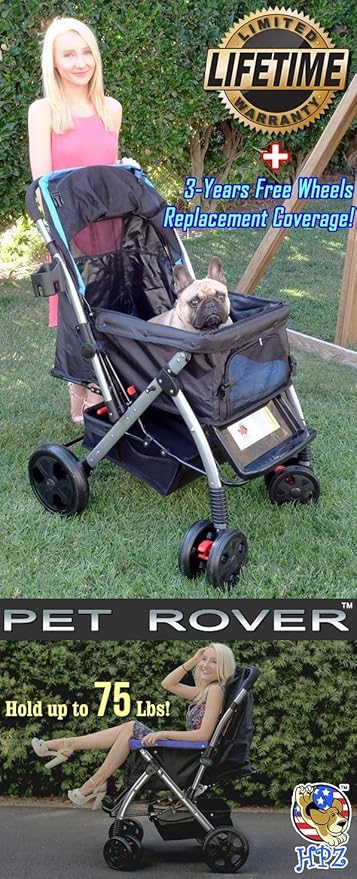 HPZ PET Rover Premium Heavy Duty Dog/Cat/Pet Stroller Travel Carriage with Convertible Compartment/Zipperless Entry/Reversible Handlebar/Pump-Free Rubber Tires for Small