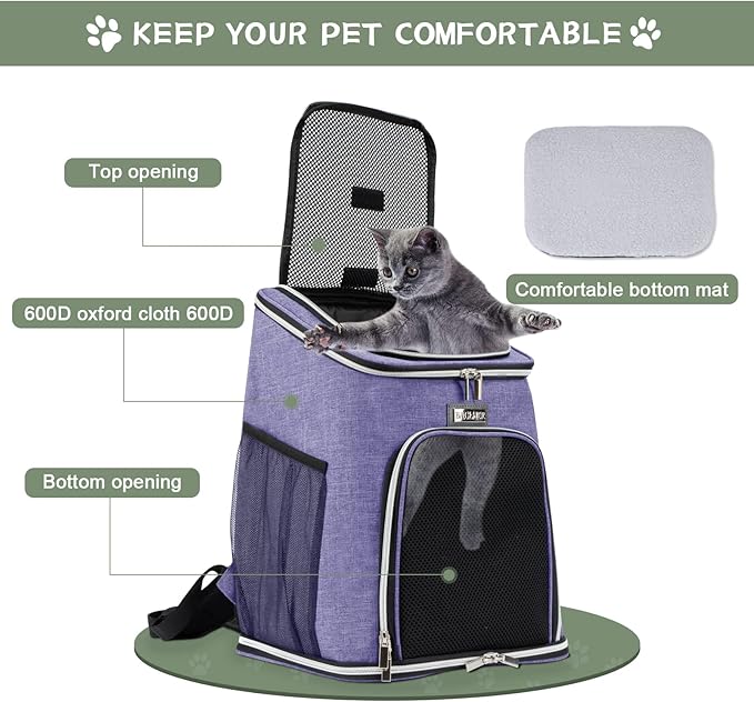 BAGLHER Cat Backpack Carrier, Mesh Pet Cat Carrier for Medium Small Dog Cat Puppy Kitten Bunny up to 18lbs, Dog Travel Backpack for Picnic Hiking Walking Cycling, Purple