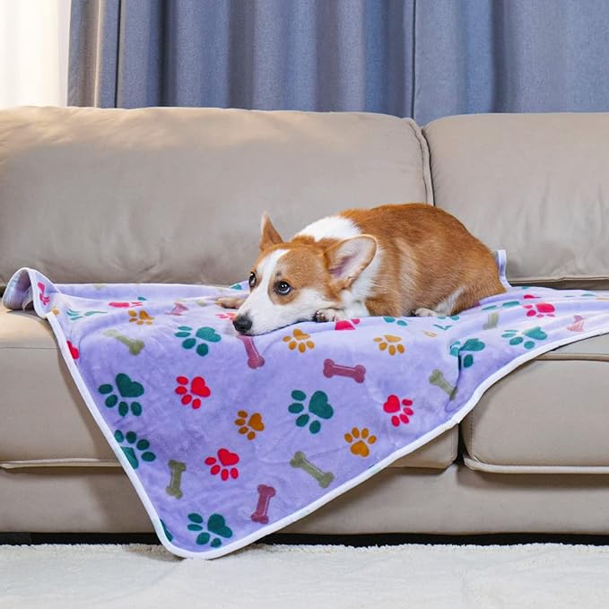 Luciphia 1 Pack 3 Blankets Fluffy Premium Fleece Pet Blanket Flannel Paw Bone Printed Throw for Dog Cat(Medium 30x20'', Purple/Pink/White)