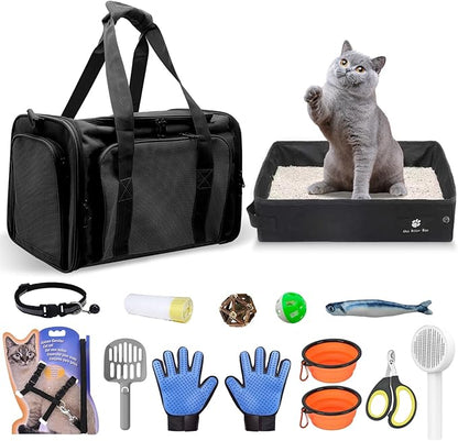 Cat Carrier with Litter Box, Soft-Sided Cat Bag Kit for Traveling, Airline Approved Pet Carrier Fit for Up to 20Lbs Small Medium Pets Cat Kitten Dog Puppy, Cat Essentials for Outdoor