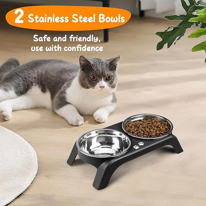 Elevated Cat Bowls - Anti-Vomiting Raised Cat Bowl Stand with 2 Thick Stainless Steel Cat Bowls Non-Slip for Small Medium Indoor Cats & Puppies, Dishwasher Safe, Black