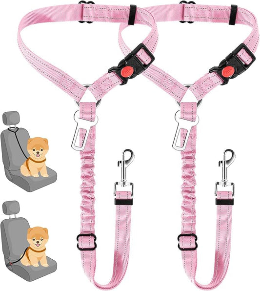 Lukovee Dog Car Seat Belt, 2 Pack Headrest Restraint Seatbelt, Adjustable Pet Safety Leads with Reflective Elastic Bungee for Dog Harness Collar Travel Daily Use (Pink,Small, Headrest+Clip)