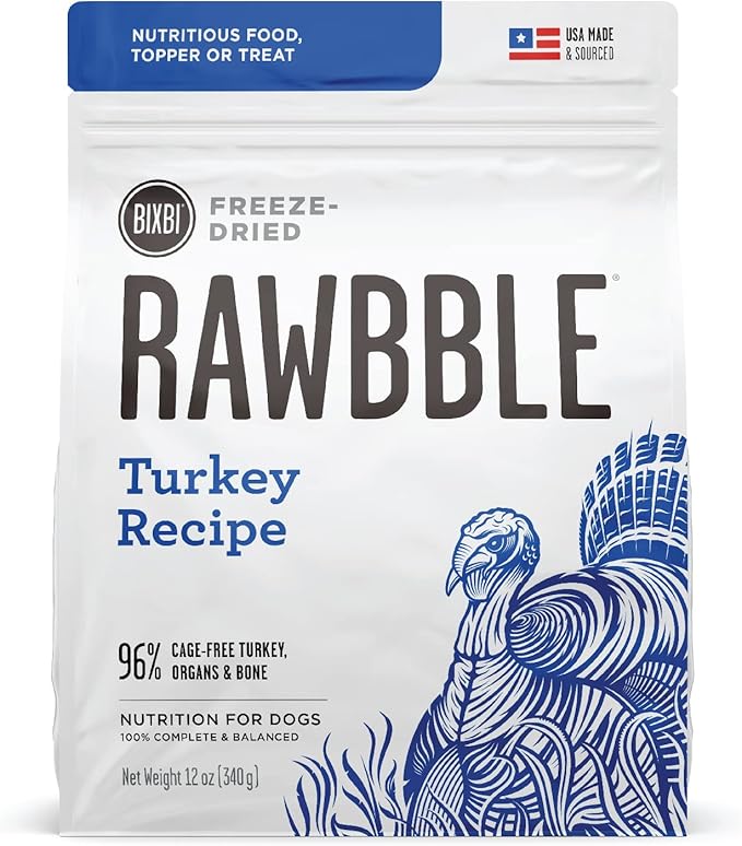 BIXBI Rawbble Freeze Dried Dog Food, Turkey Recipe, 12 oz - 96% Meat and Organs, No Fillers - Pantry-Friendly Raw Dog Food for Meal, Treat or Food Topper - USA Made in Small Batches