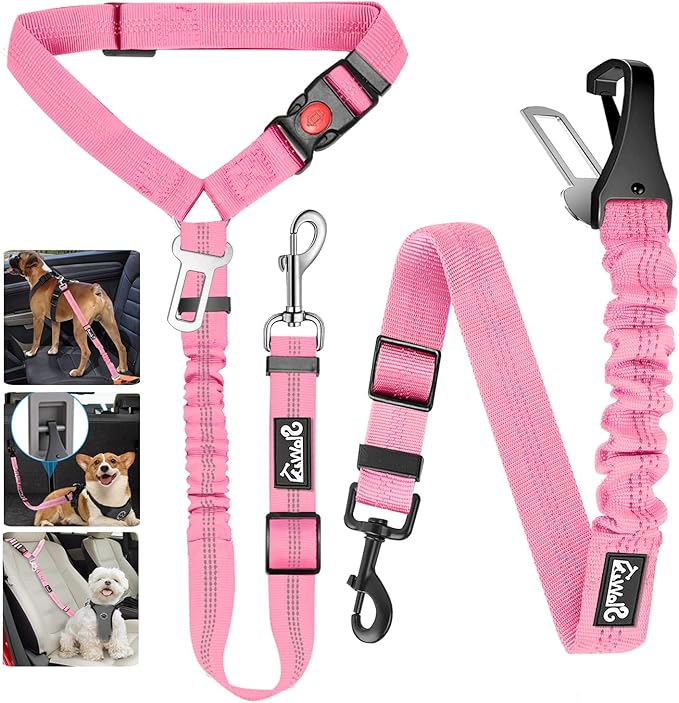 Lukovee Dog Seatbelt Leash for Cars, 2 Pack Pet Safety Car Seat Belt with Adjustable Buckle & Reflective Bungee, Connect Dog Harness in Vehicle Car Dogs Restraint Travel Daily Use (Pink)