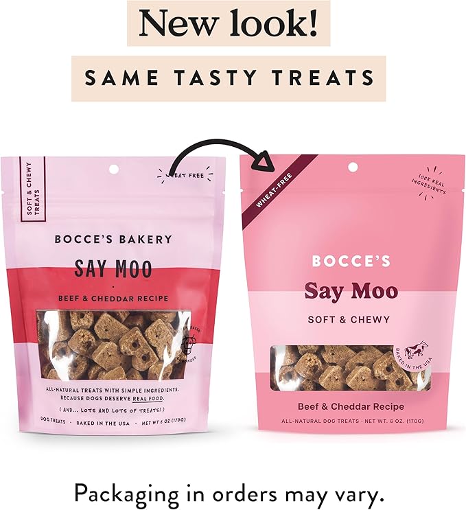 Bocce's Bakery Oven Baked Say Moo Treats for Dogs, Wheat-Free Everyday Dog Treats, Made with Real Ingredients, Baked in The USA, All-Natural Soft & Chewy Cookies, Beef & Cheddar Recipe, 6 oz