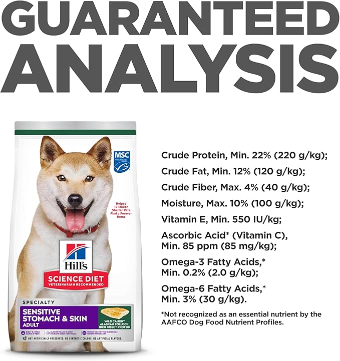 Hill's Science Diet Sensitive Stomach & Skin, Adult 1-6, Stomach & Skin Sensitivity Support, Dry Dog Food, Pollock, Barley, & Insect Recipe, 12 lb Bag