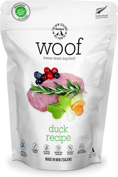 WOOF Duck Freeze Dried Raw Dog Food, Mixer, or Topper, or Treat - High Protein, Natural, Limited Ingredient Recipe 9.9oz