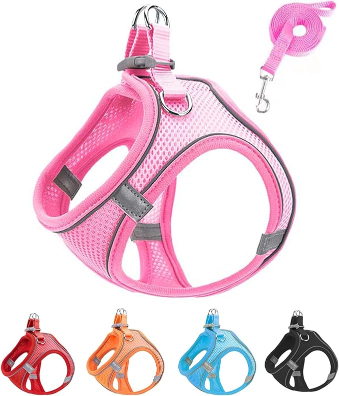 S Pink Soft Mesh Dog Harness and Leash Set,No Escape Easy Walk Puppy Harnesses for Training Walking， Reflective Adjustable Puppy Vest for Small Medium Dogs, Cats (Pink, S)