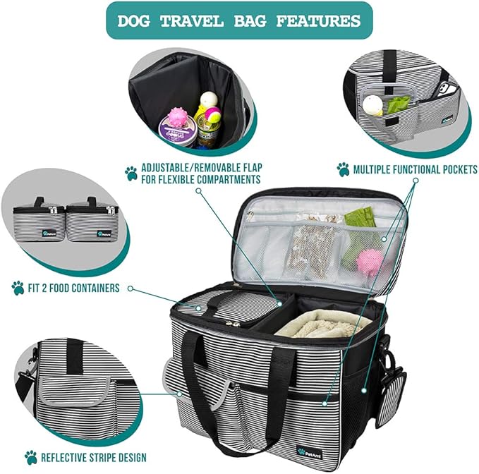 PetAmi Dog Travel Bag, Travel Pet Bag Organizer, Dog Food Travel Bag with Food Container and Bowls, Dog Travel Supplies Gift Accessories for Weekend Camping, Dog Cat Diaper Bag (Stripe Black, Medium)