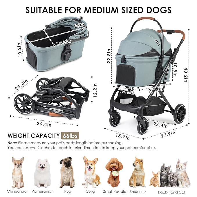 T6 Luxury Pet Stroller for Medium Dog Under 66lbs or 2 Small Dogs & Cats
