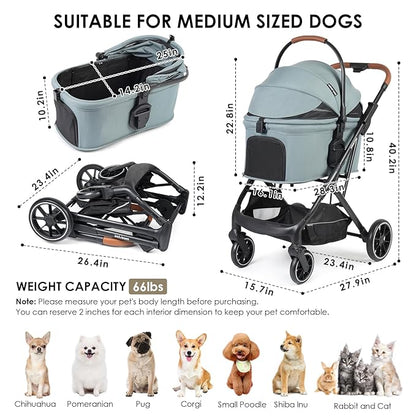T6 Luxury Pet Stroller for Medium Dog Under 66lbs or 2 Small Dogs & Cats