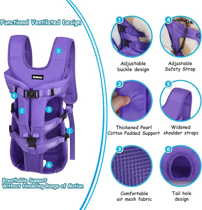 PetBonus Pet Front Dog Carrier Backpacks, Adjustable Dog Backpack Carrier, Legs Out Easy-fit Dog Chest Carrier for Medium Small Dogs, Hands Free Dog Front Carrier for Hiking, Cycling (Purple, XL)